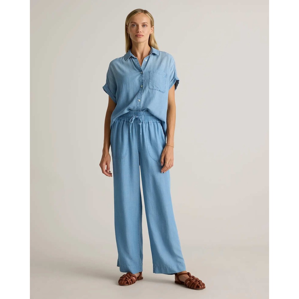 Quince Tencel Chambray Pull On Pants Light Indigo Blue Wide Leg Large NWT